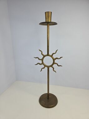 Vintage / Antique 16" Brass Candle Holder Sun Motif Fornasetti Style 1970s Funky